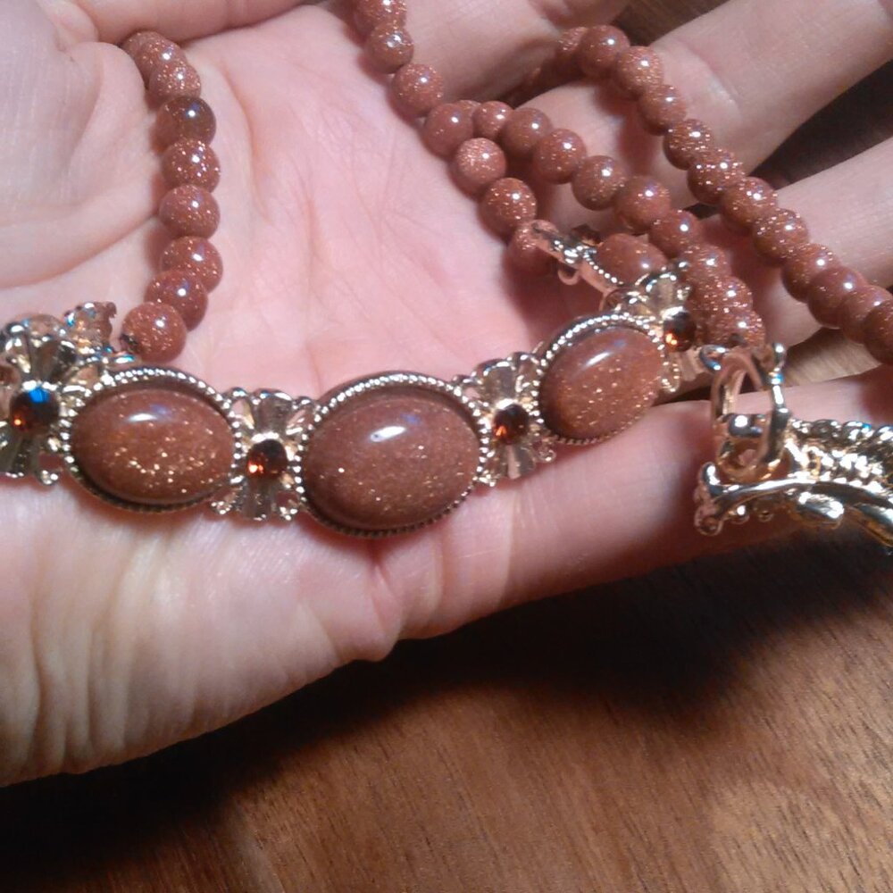 Gold Sandstone and Brown Austrian Crystal Beaded Goldtone Dragon Necklace